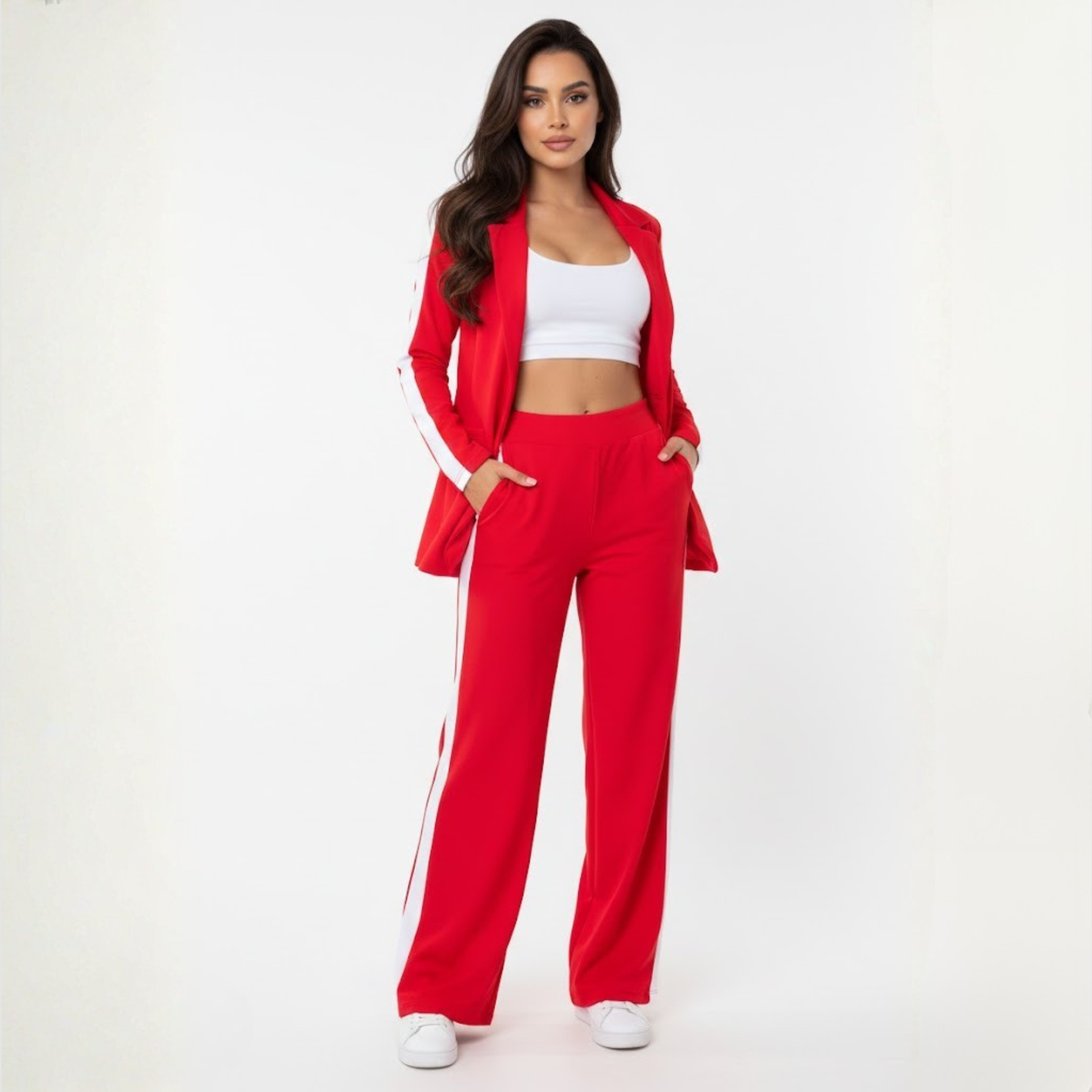 RED BLAZER AND TROUSERS SET