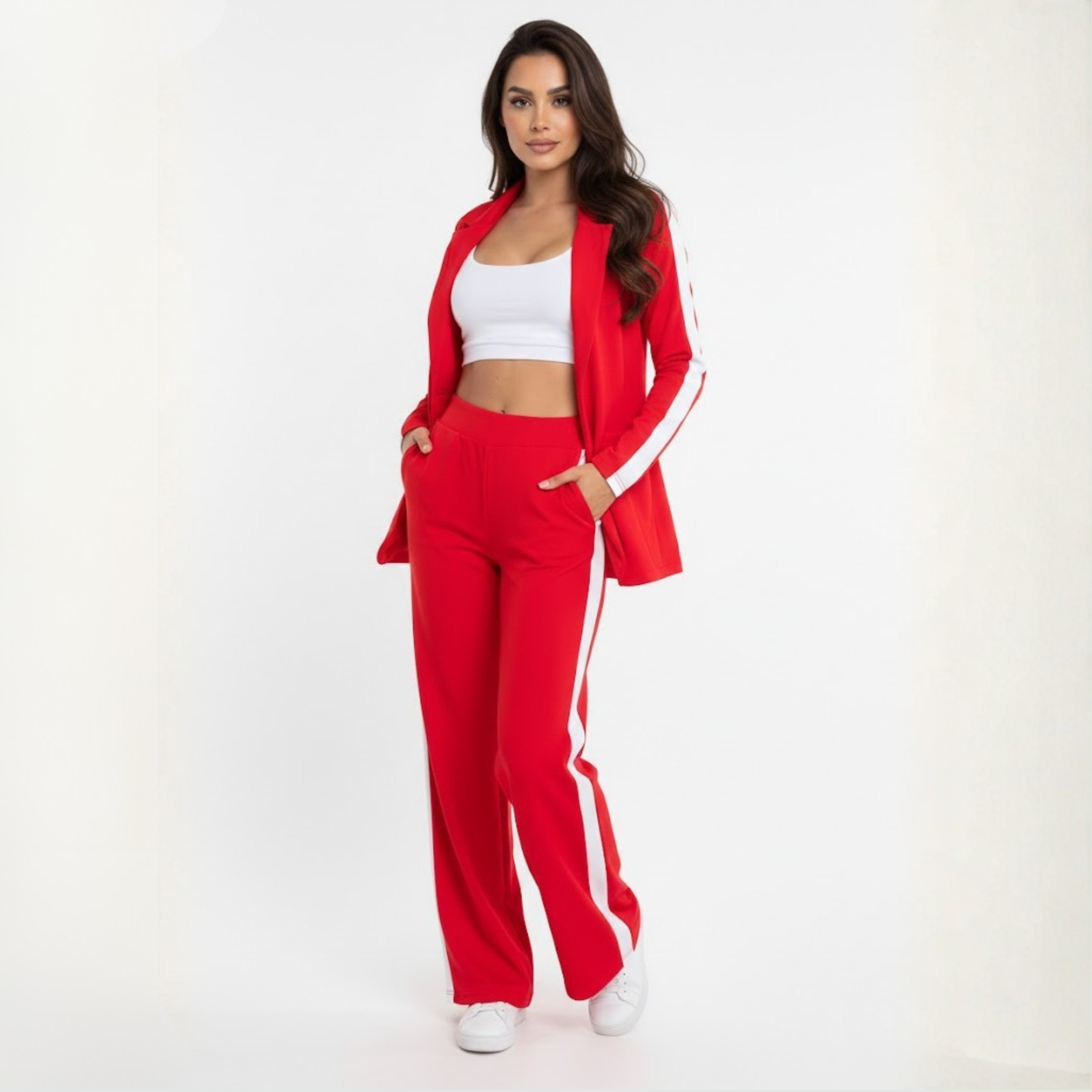 RED BLAZER AND TROUSERS SET