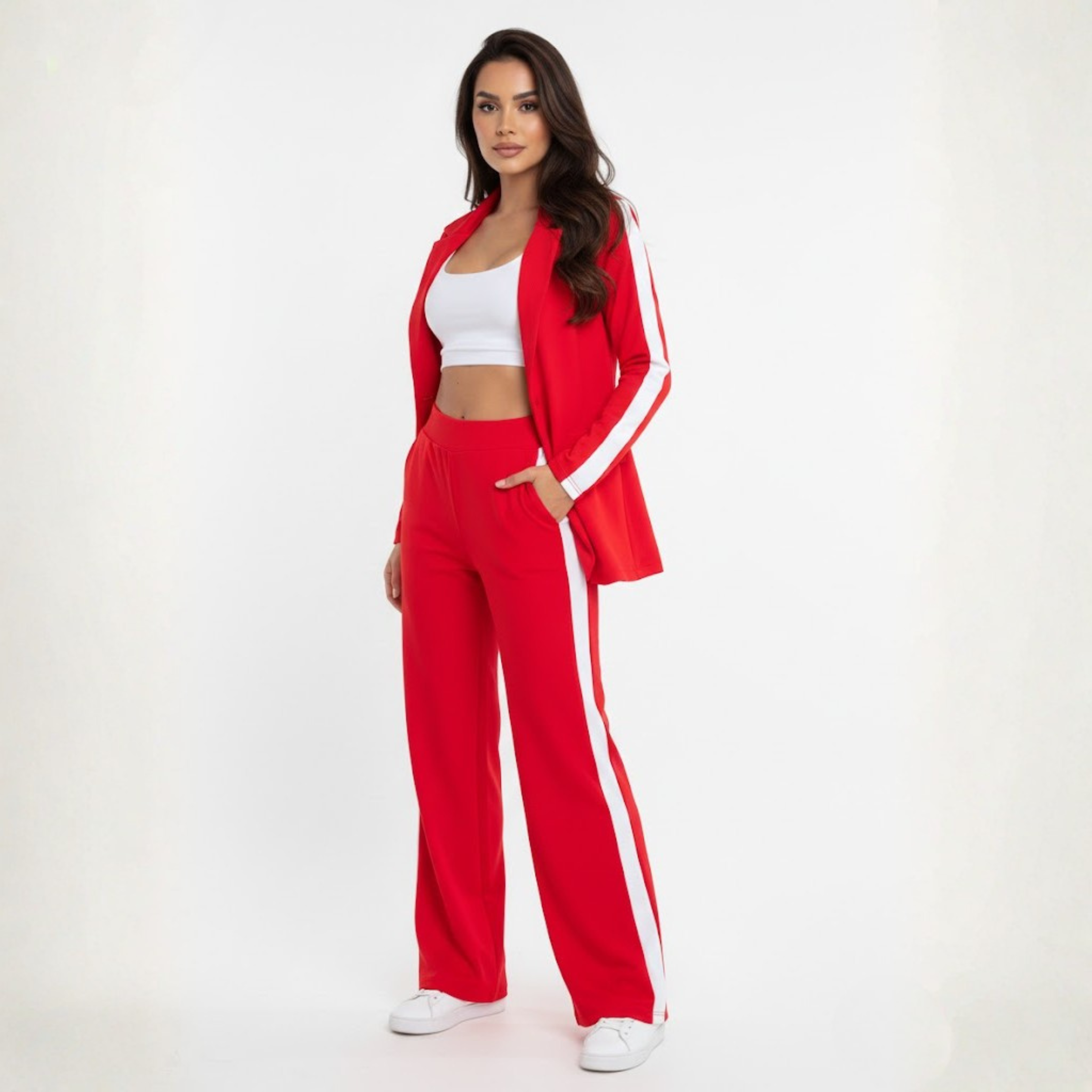 RED BLAZER AND TROUSERS SET